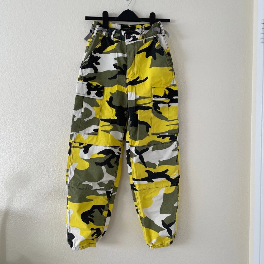 Topshop Women High Waisted Camouflage Yellow Trouser